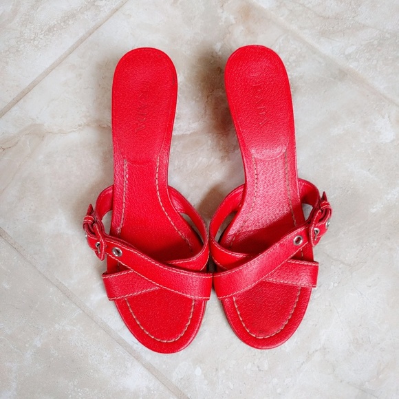 Prada Red Leather Buckle Wedge Slide Sandals v-day - Picture 2 of 5